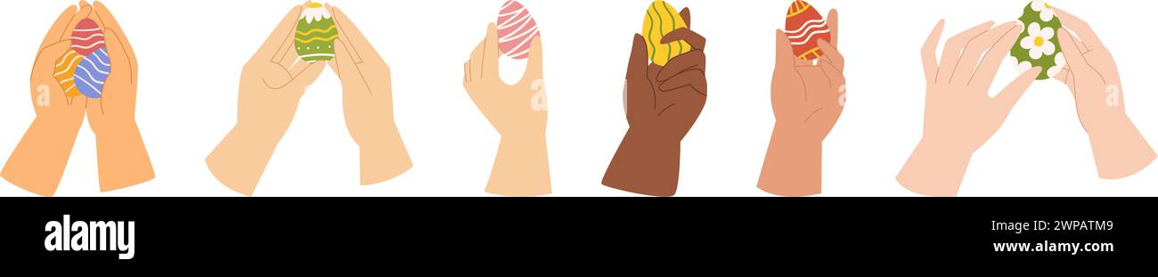 Collection with different hands that are holding easter painted eggs Stock Vector