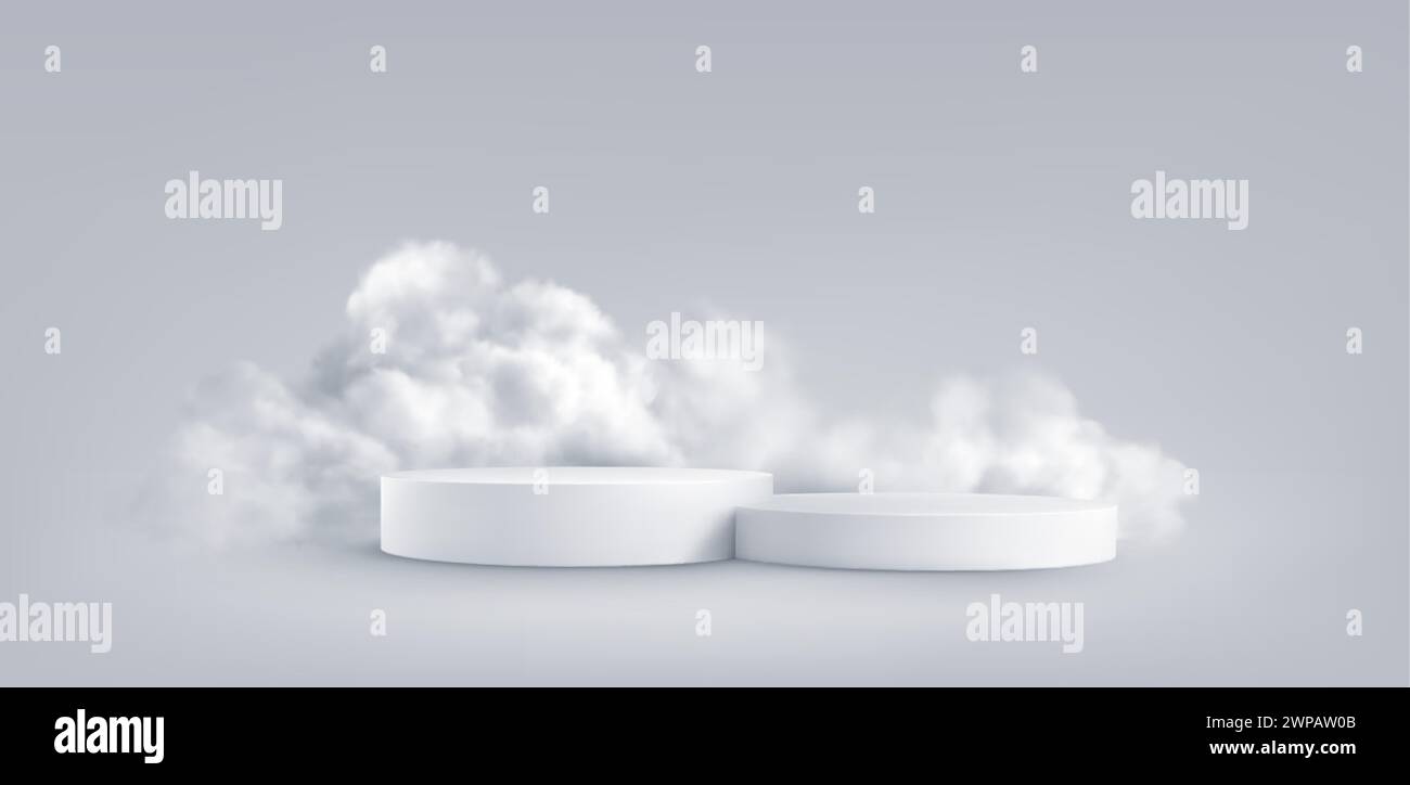 3d realistic mockup product podium display and fluffy clouds. Podium and white cloud isolated on gray background Stock Vector
