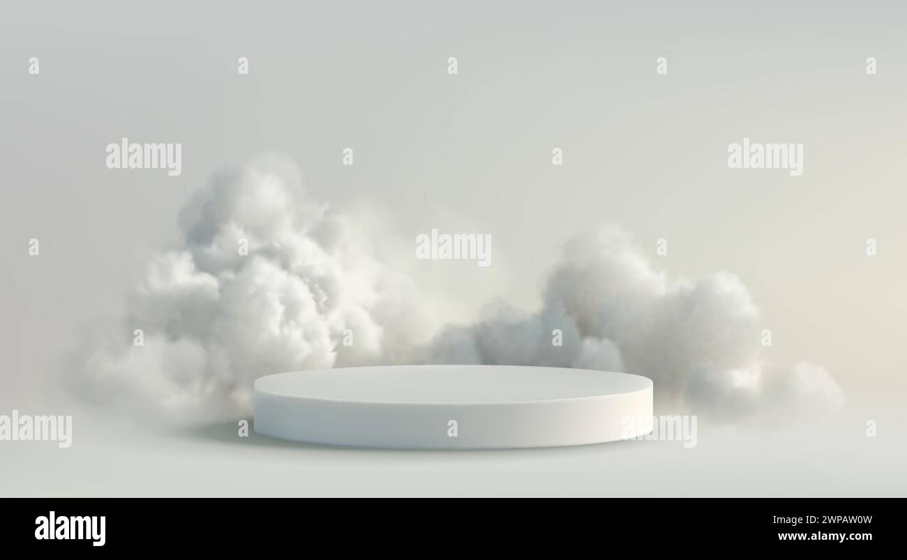 Fluffy Clouds and 3D Realistic Podium Display. White Cloud on Gray Background Stock Vector