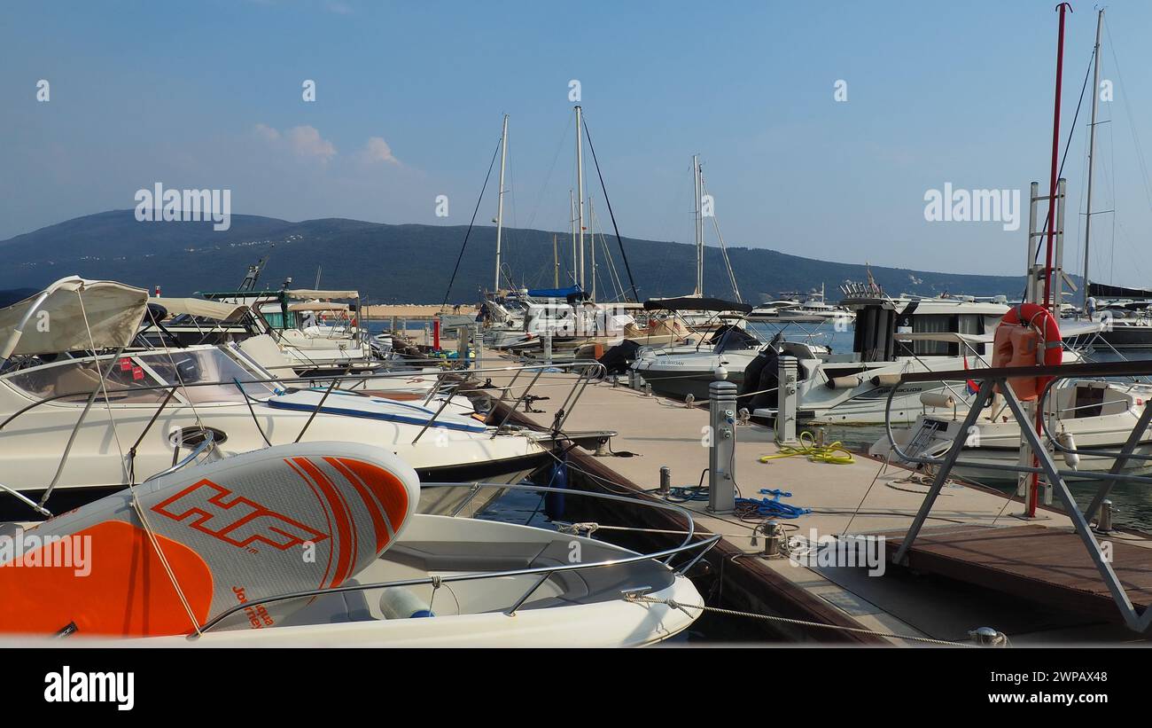 Meljine, Herceg Novi, Montenegro, August 13 2022 Boats, yachts and ships are at anchor. Moored ships in the parking lot. Adriatic Sea Mediterranean Stock Photo