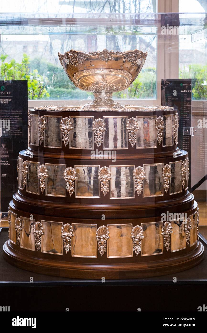 Torino, Italy. 6th Mar, 2024. The Davis Cup Trophy is on exhibition in Torino (Italy) after Italy won it in 2023 edition Credit: Marco Destefanis/Alamy Live News Stock Photo