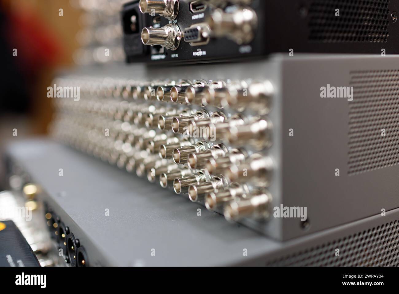 Commutation panel of telecommunication video switcher broadcast for TV channel translation back view Stock Photo