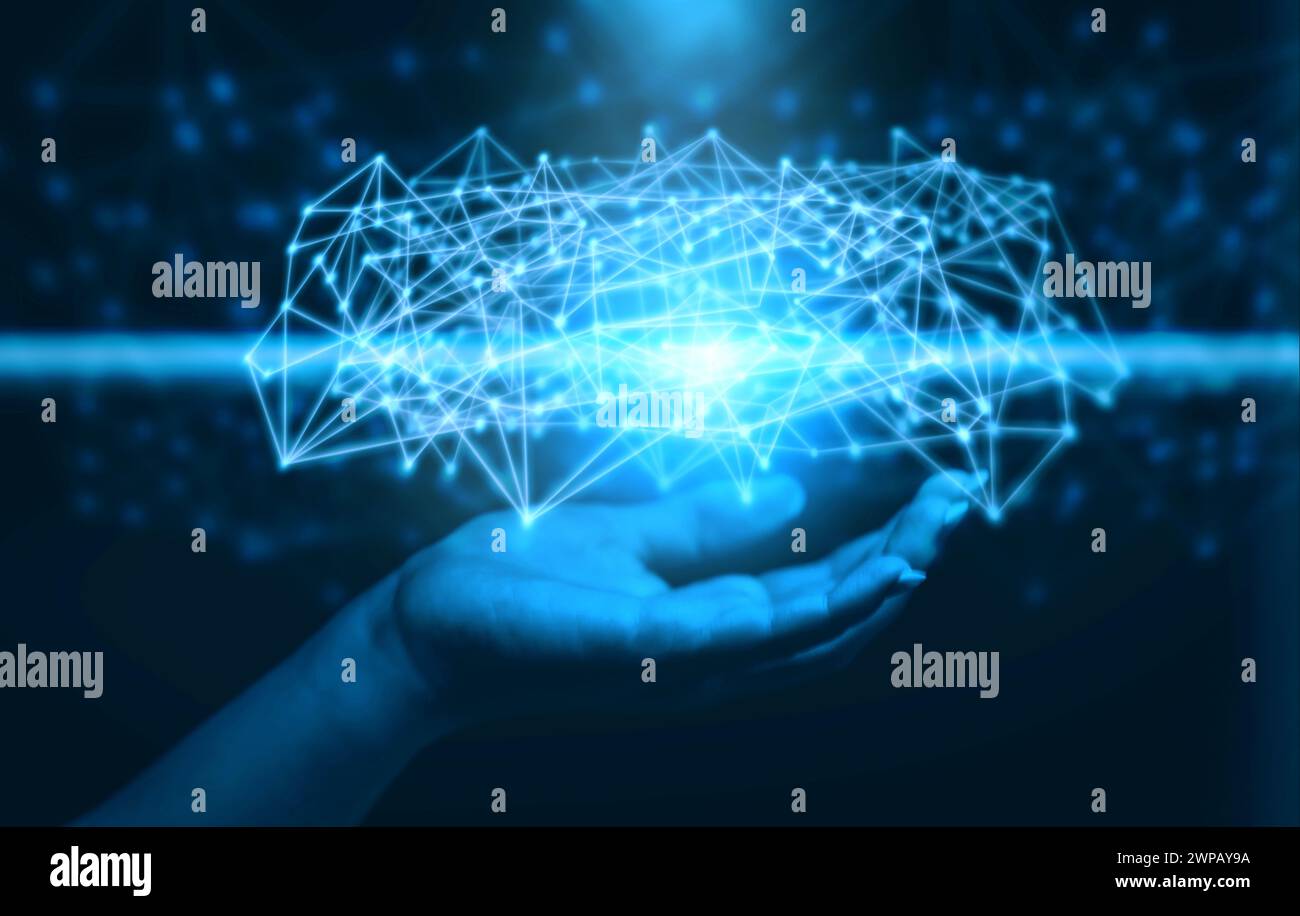 Hand holding virtual metaverse big data network web internet connections communications technology Stock Photo