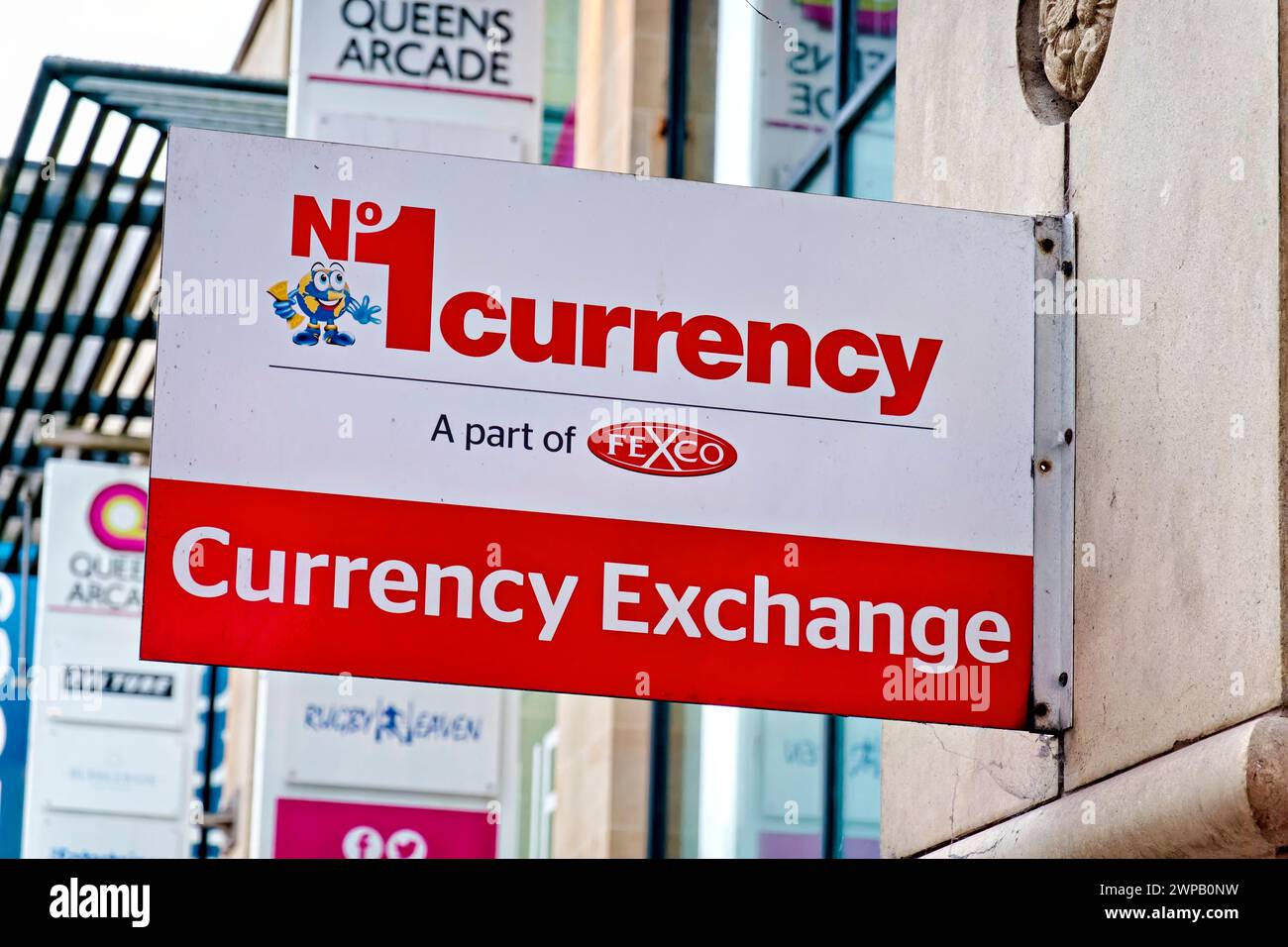 Cardiff, Wales, UK - December 6 2023: The No1 Currency Exchange Store in Queens Arcade, Queen Street, Cardiff, Wales, United Kingdom Stock Photo
