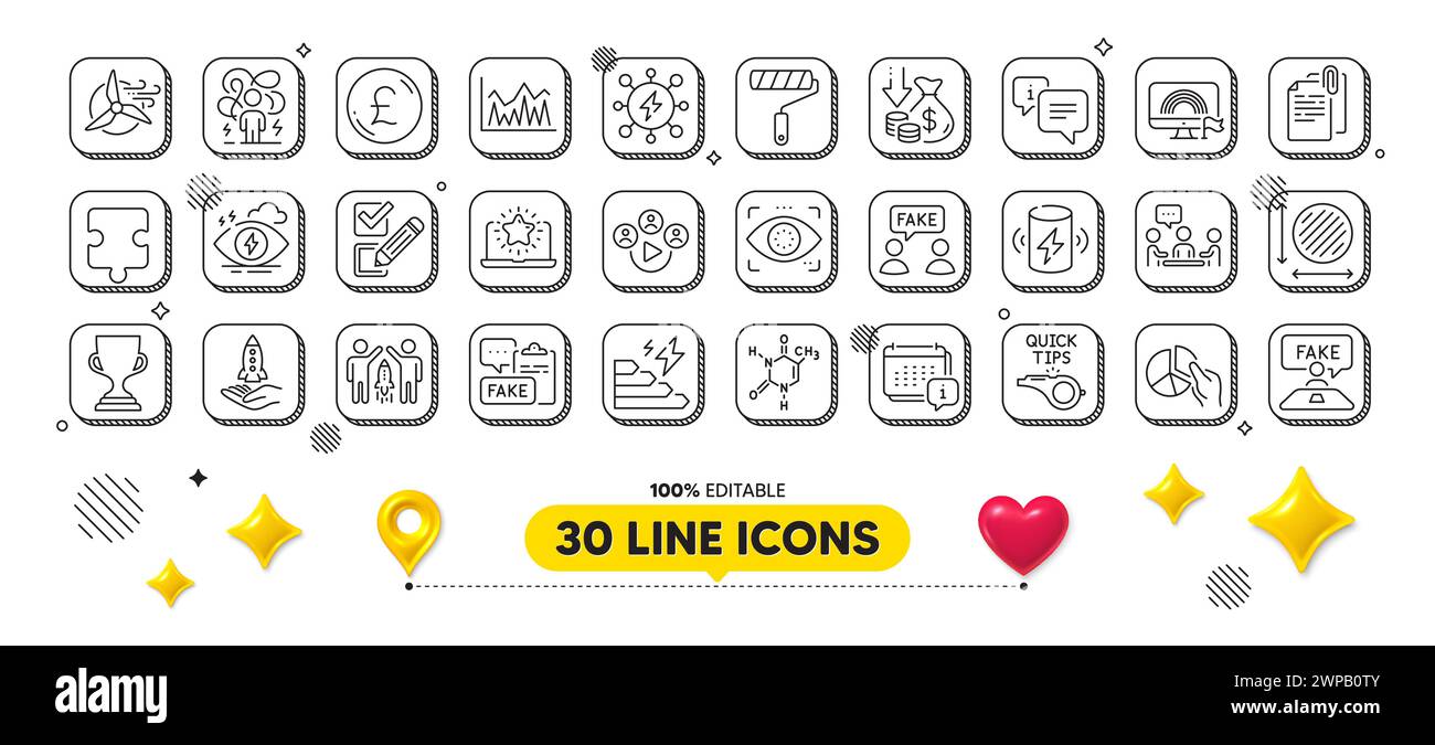 Deflation, Charge battery and Paint roller line icons pack. For web app. 3d design elements. Vector Stock Vector