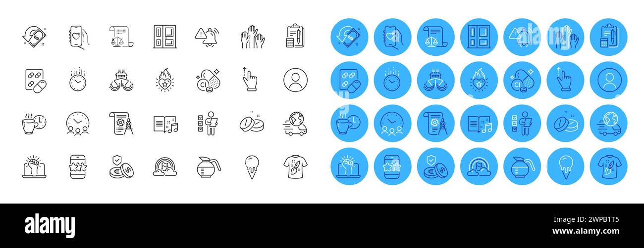 Accounting, Medical tablet and Coffee break line icons pack. For web app. Color icon buttons. Vector Stock Vector