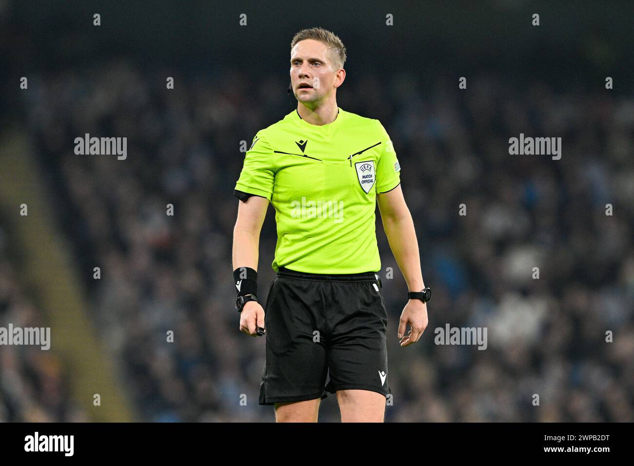 Referee Espen Eskås during the UEFA Champions League match Manchester City vs F.C. Copenhagen at Etihad Stadium, Manchester, United Kingdom, 6th March 2024 (Photo by Cody Froggatt/News Images) in, on 3/6/2024. (Photo by Cody Froggatt/News Images/Sipa USA) Credit: Sipa USA/Alamy Live News Stock Photo