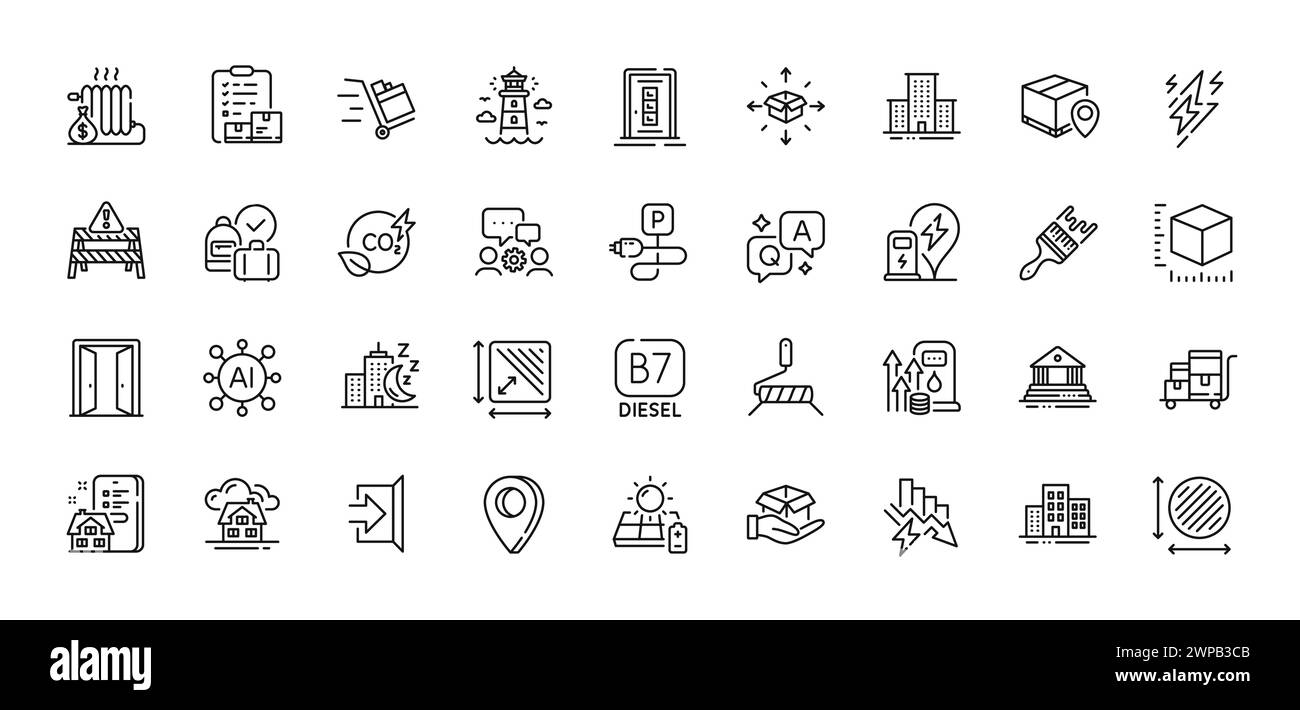 Property agency, Saving electricity and Co2 gas line icons pack. For web app. Line icons. Vector Stock Vector