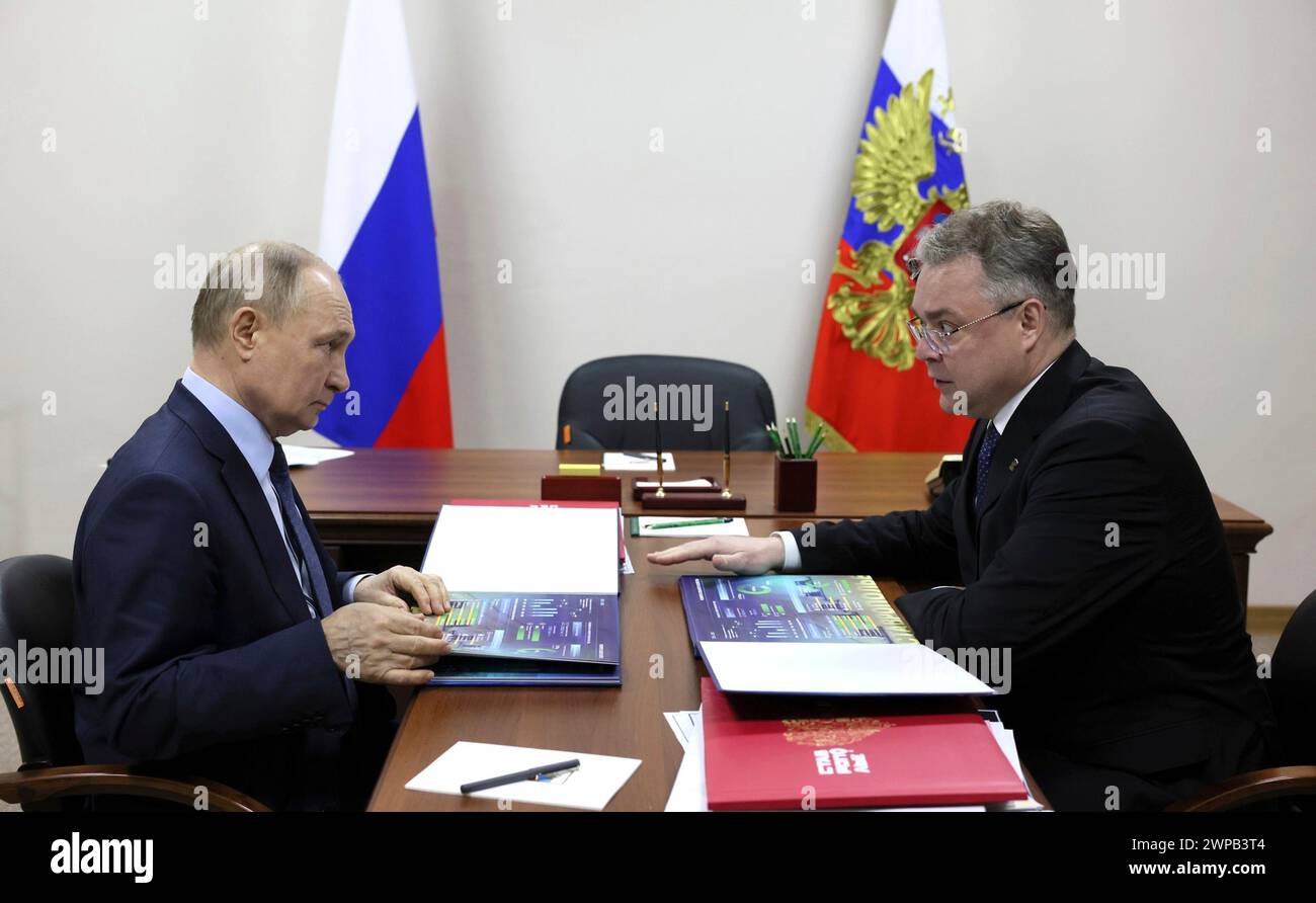Solnechnodolsk, Russia. 05th Mar, 2024. Russian President Vladimir Putin, left, holds a face-to-face meeting with Stavropol Territory Governor Vladimir Vladimirov, right, March 5, 2024 in Solnechnodolsk, Stavropol Territory, Russia. Credit: Mikhail Metzel/Kremlin Pool/Alamy Live News Stock Photo