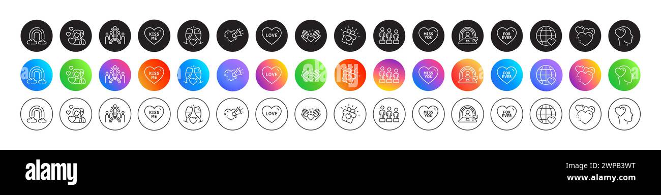 Rainbow, Wedding glasses and Love line icons. For web app, printing. Round icon buttons. Vector Stock Vector
