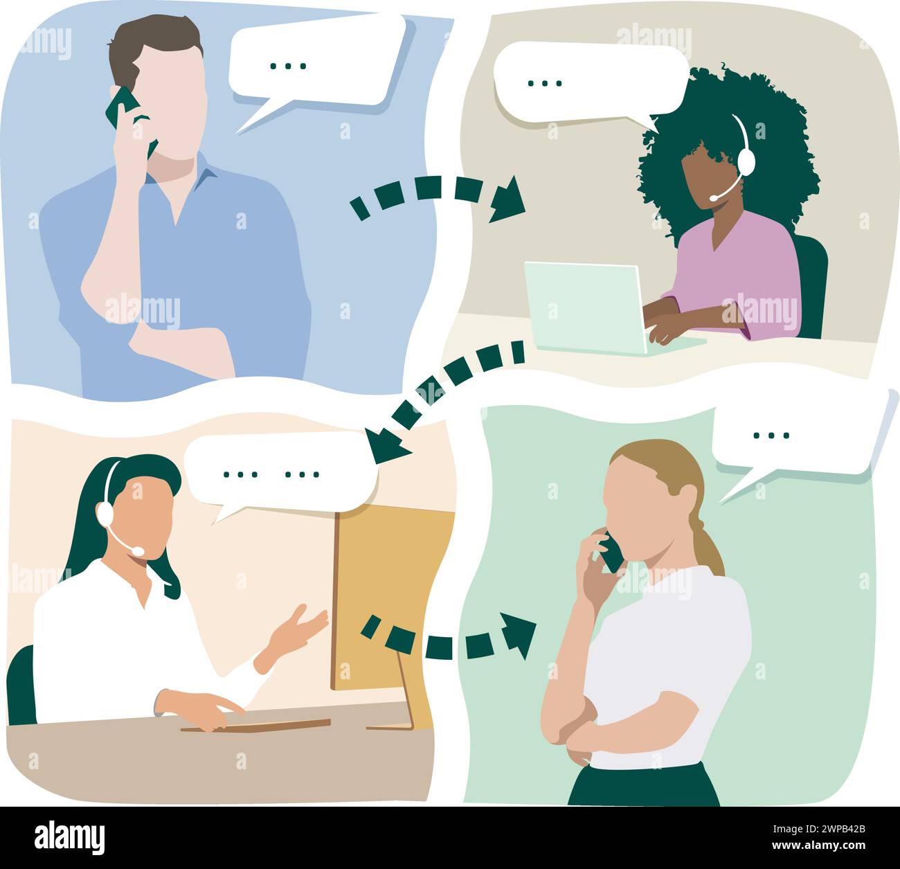 Communication between four people with each other through a telephone call. Stock Vector
