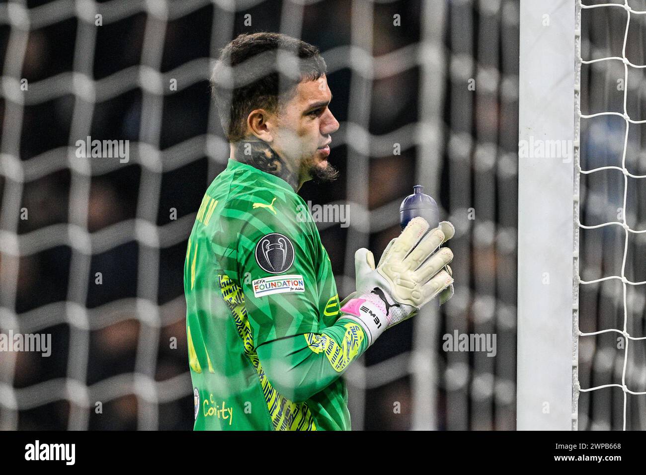 Ederson of Manchester City during the UEFA Champions League match Manchester City vs F.C. Copenhagen at Etihad Stadium, Manchester, United Kingdom, 6th March 2024 (Photo by Cody Froggatt/News Images) in, on 3/6/2024. (Photo by Cody Froggatt/News Images/Sipa USA) Credit: Sipa USA/Alamy Live News Stock Photo