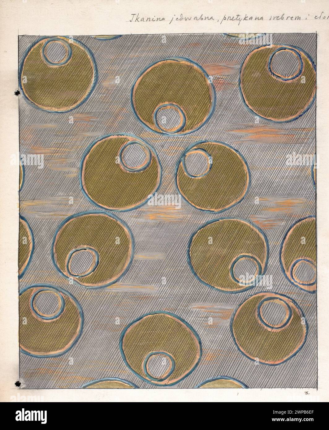 Silk fabric interwoven with silver and z Kotarbi, Mieczys Aw (1890-1943); 1916 (before November 2, 1916) (1916-00-00-1916-00-00);Poprzęcki, Szymon (? -1941), Poprzęcki, Szymon (? -1941)-harvest, silk, geometric ornament, silver, fabrics, silk fabrics, pattern, gold Stock Photo