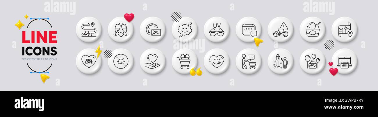 Ice cream, Yummy smile and Map line icons. For web app, printing. White ...