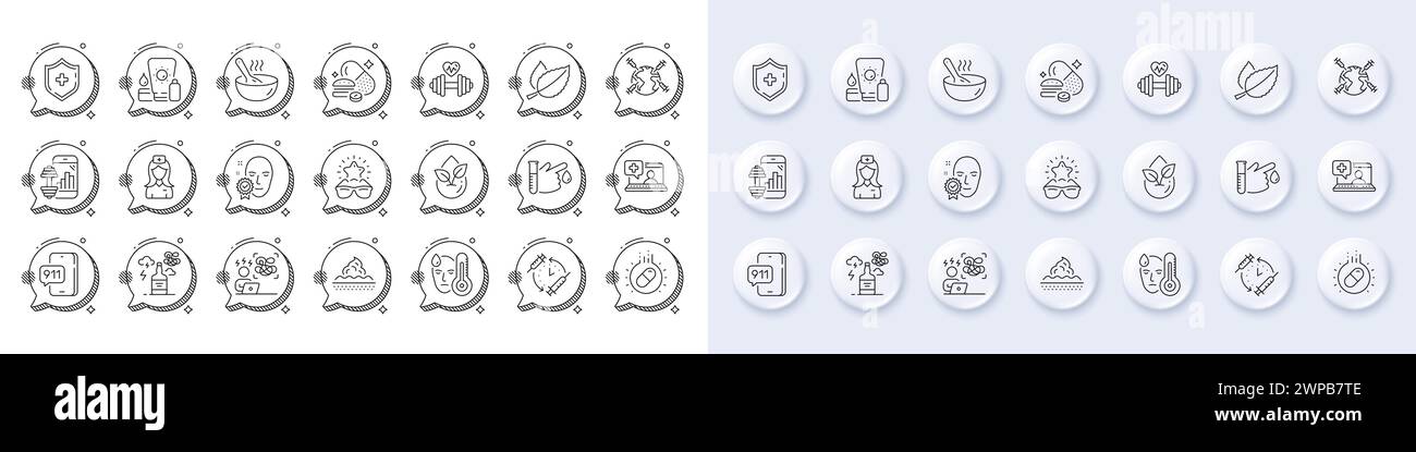 Sunscreen, Vaccination schedule and Alcohol addiction line icons. For web app, printing. Line icons. Vector Stock Vector