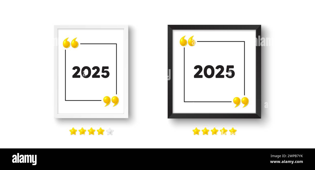 2025 year icon. Event schedule annual date. Photo frame with 3d quotation icon. Vector Stock