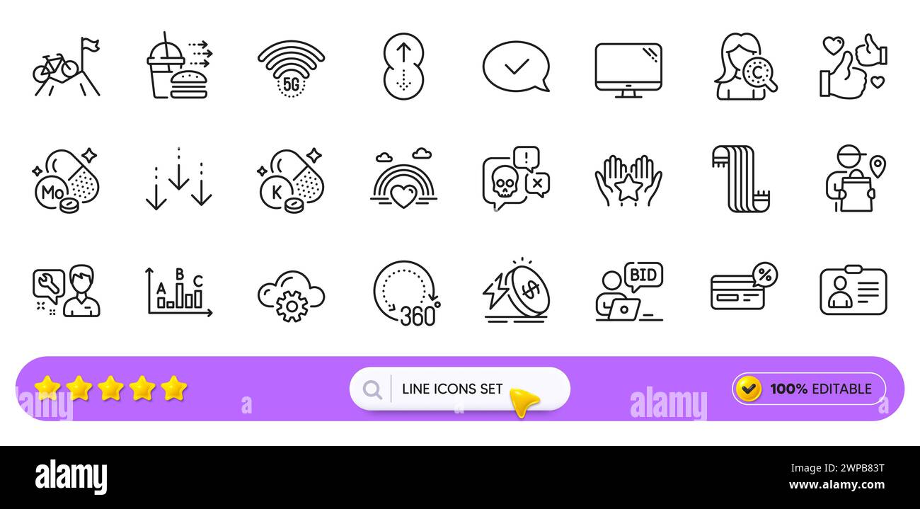 Online auction, Computer and Mountain bike line icons for web app. Pictogram icon. Line icons. Vector Stock Vector