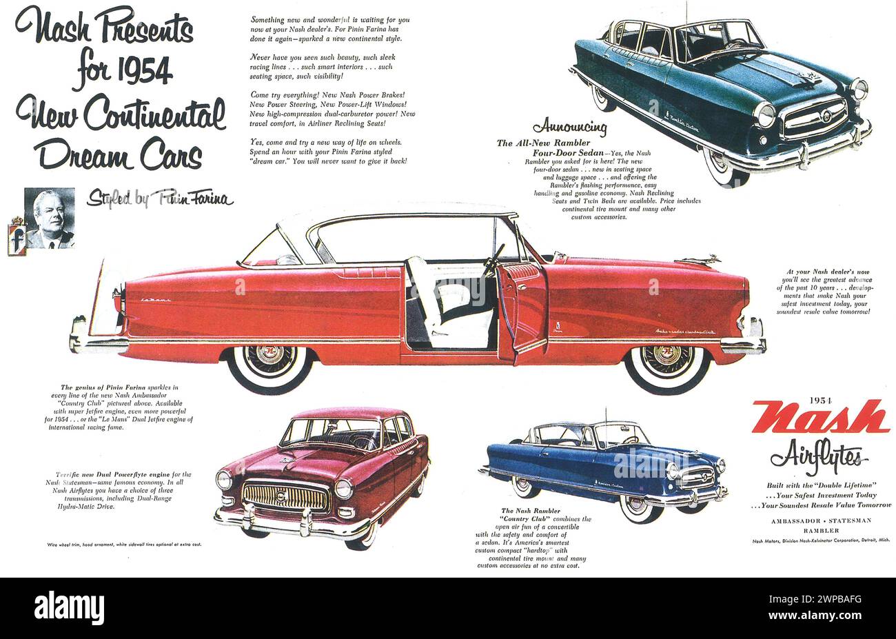 1954 Nash cars print ad. Styled by Pininfarina pinin Farina Stock Photo ...