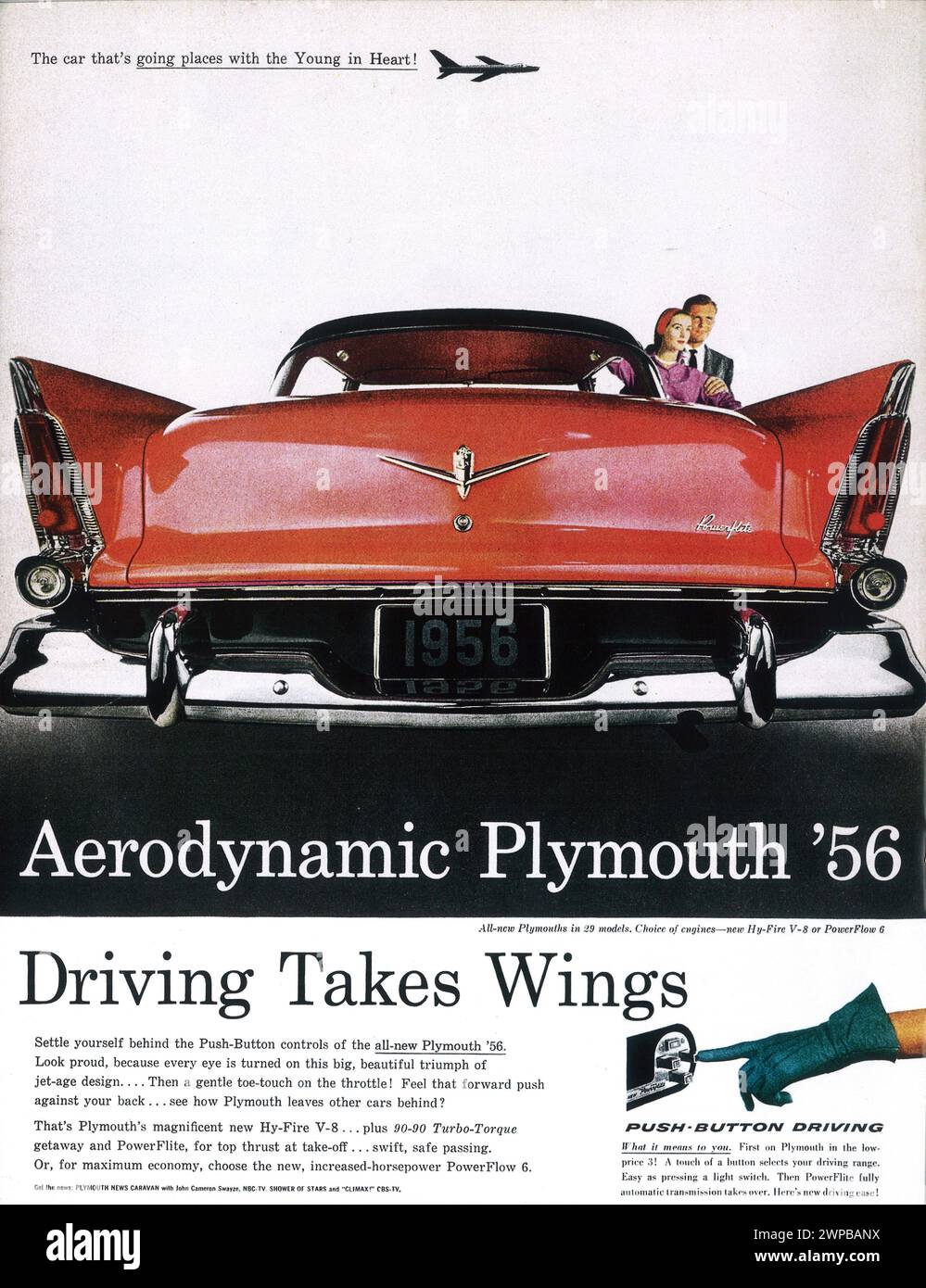 1955 '56 PLYMOUTH PowerFlite HY-Fire V-8 Ad Stock Photo
