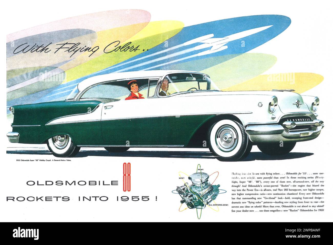 1955 Oldsmobile Super 88 Print Ad. 'With flying colors...' Stock Photo