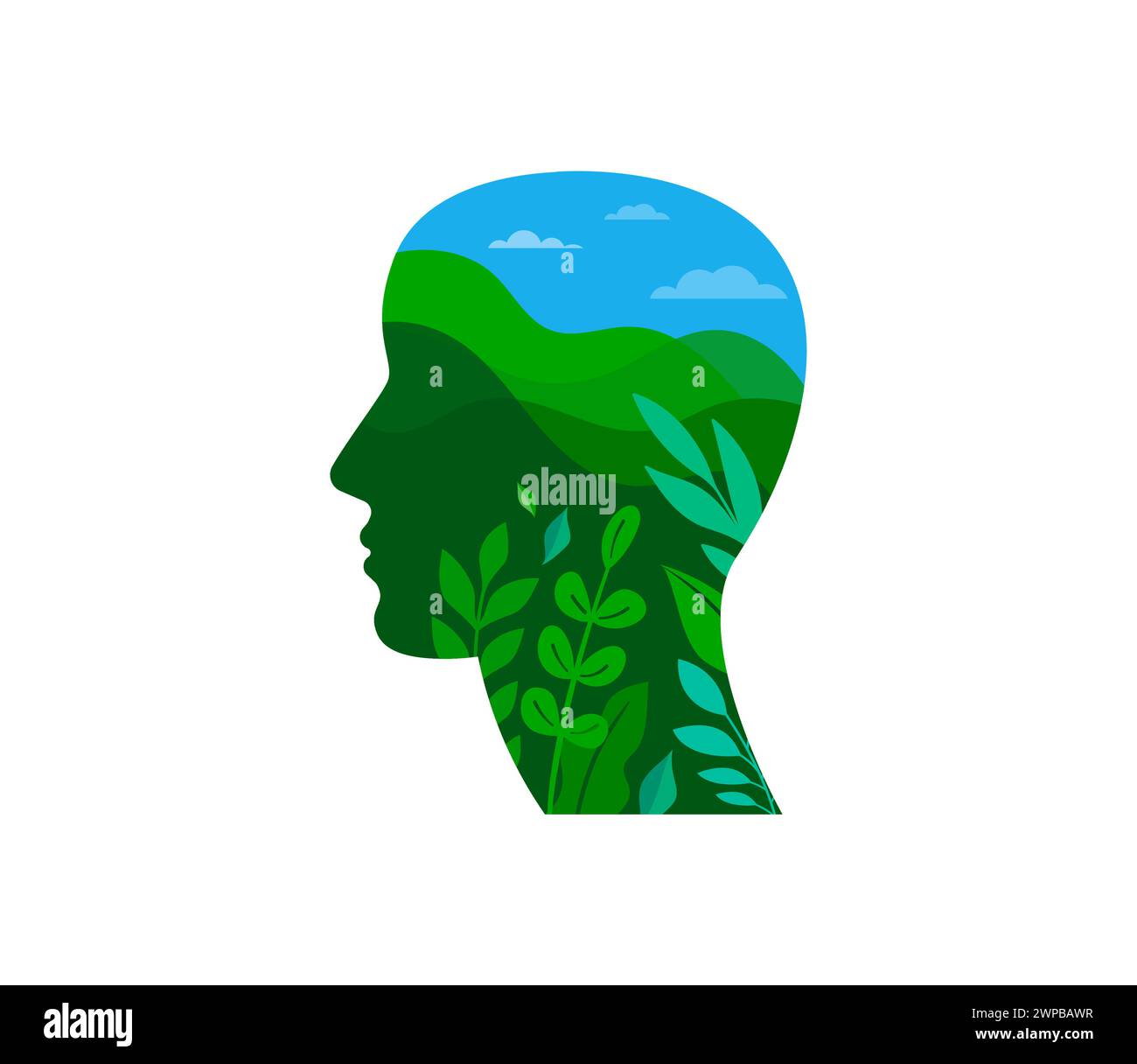 Man head with green landscape, nature, mountains and trees. Environment, ecology, Earth day concept design. Banner, poster, abstract background in Stock Vector