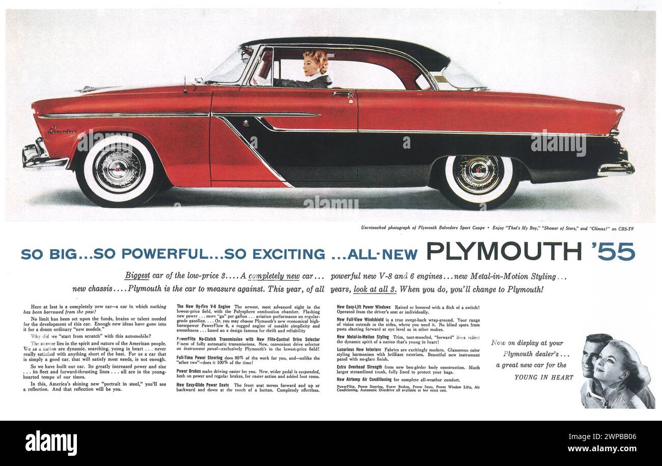 1955 Plymouth Belvedere Sport Coupe Print Ad Stock Photo