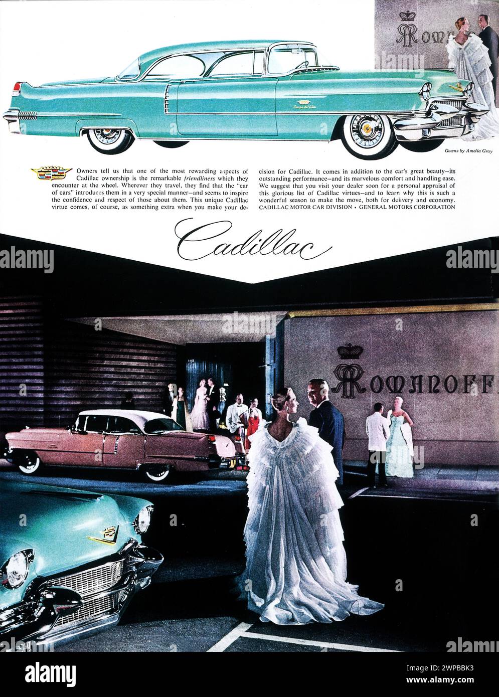 1956 Cadillac Coupe de Ville print ad with Romanoff’s:Hollywood restaurant Stock Photo