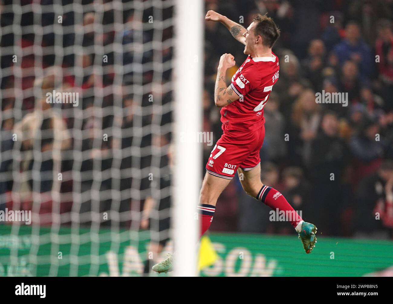 Middlesbrough's Lukas Engel celebrates scoring their side's third goal of the game during the Sky Bet Championship match at the Riverside Stadium, Middlesbrough. Picture date: Wednesday March 6 2024. Stock Photo
