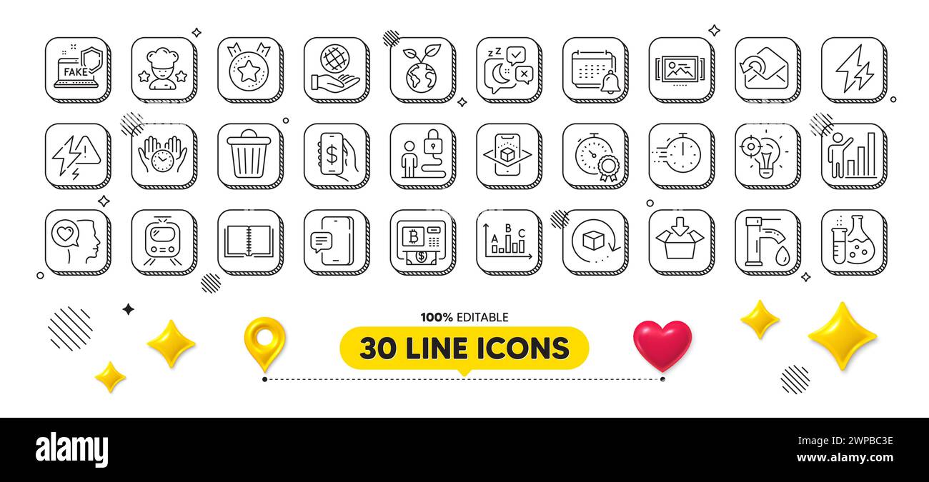 Trash bin, Send mail and Electricity line icons pack. For web app. 3d design elements. Vector Stock Vector