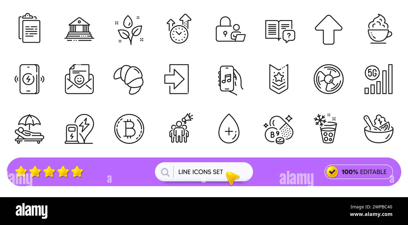 Smile, Lock and Salad line icons for web app. Pictogram icon. Line icons. Vector Stock Vector