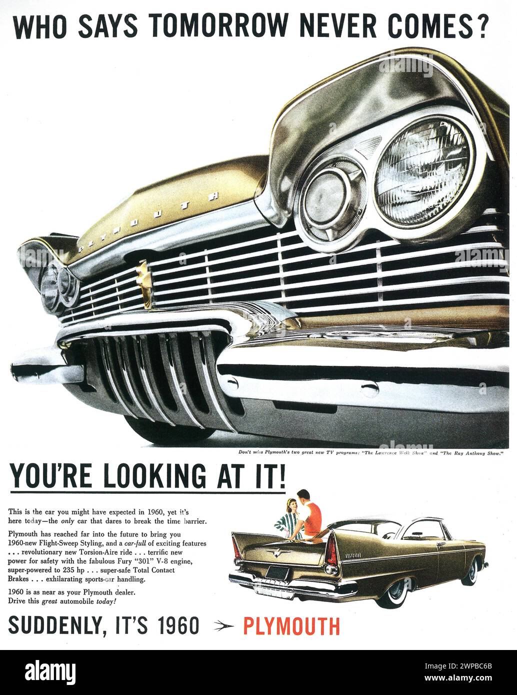 1959  Chrysler Plymouth Flight Sweep  Belvedere 2-door Hardtop ad. 'Suddenly it's 1960' Stock Photo
