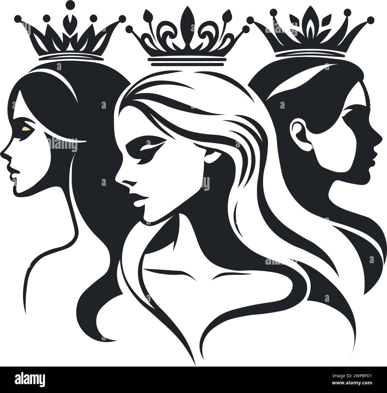 Vector black and white illustration, portrait of three girls with crowns over their heads for Women's Day or Mother's Day Stock Vector