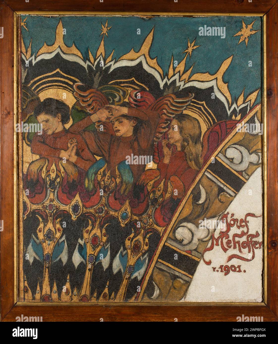 This 1901 work by Józef Mehoffer depicts three angels, featuring decorative painting and ornamental elements, preserved in Wawel, Kraków, within Arts and Crafts style. Stock Photo
