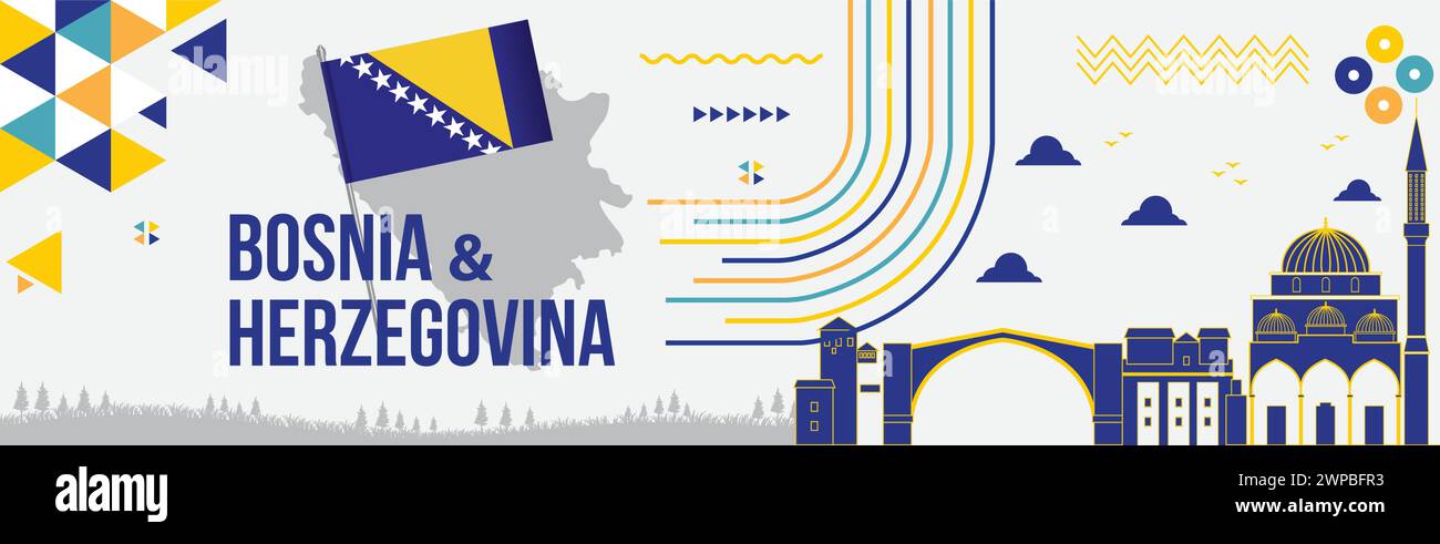 Bosnia and Herzegovina Independence day Banner Design with Bosnia Flag, colors theme background, Bosnia and Herzegovina Map, Text Landmarks, Geometric Stock Vector