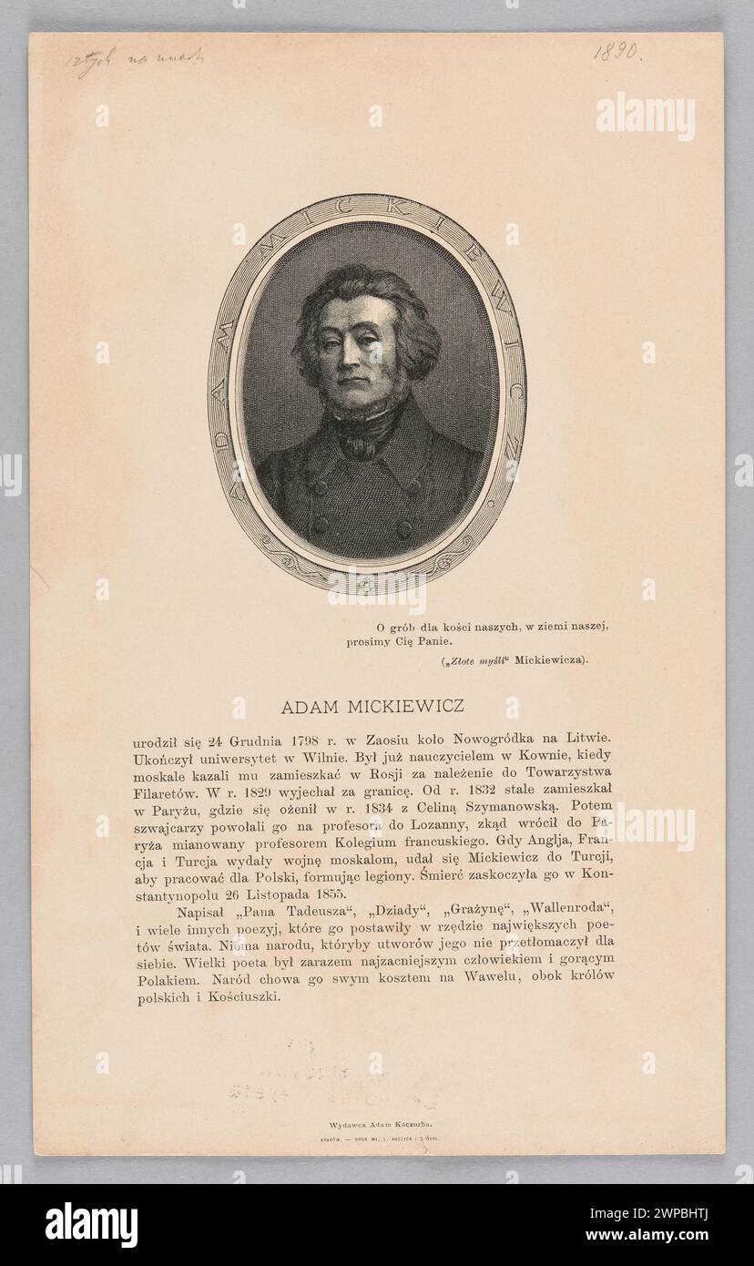 Adam Mickiewicz's biography with a portrait of a poet according to the daguerotype from 1842; Anczyc, Władysław Ludwik and company (Kraków; Drukarnia; 1875-1948), Kaczurba, Adam (1854-1909); before 1909 (1887-00-00-1912-00-00); Stock Photo