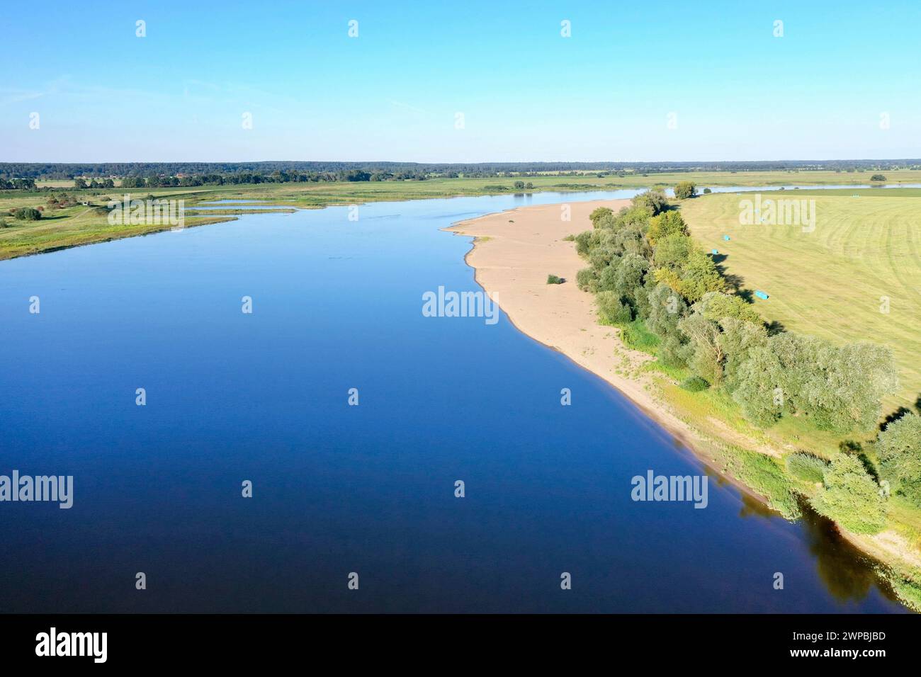 Elbe river with groynes, aerial view, Germany, Lower Saxony, Wendland, Biosphaerenreservat Niedersaechsische Elbtalaue Stock Photo