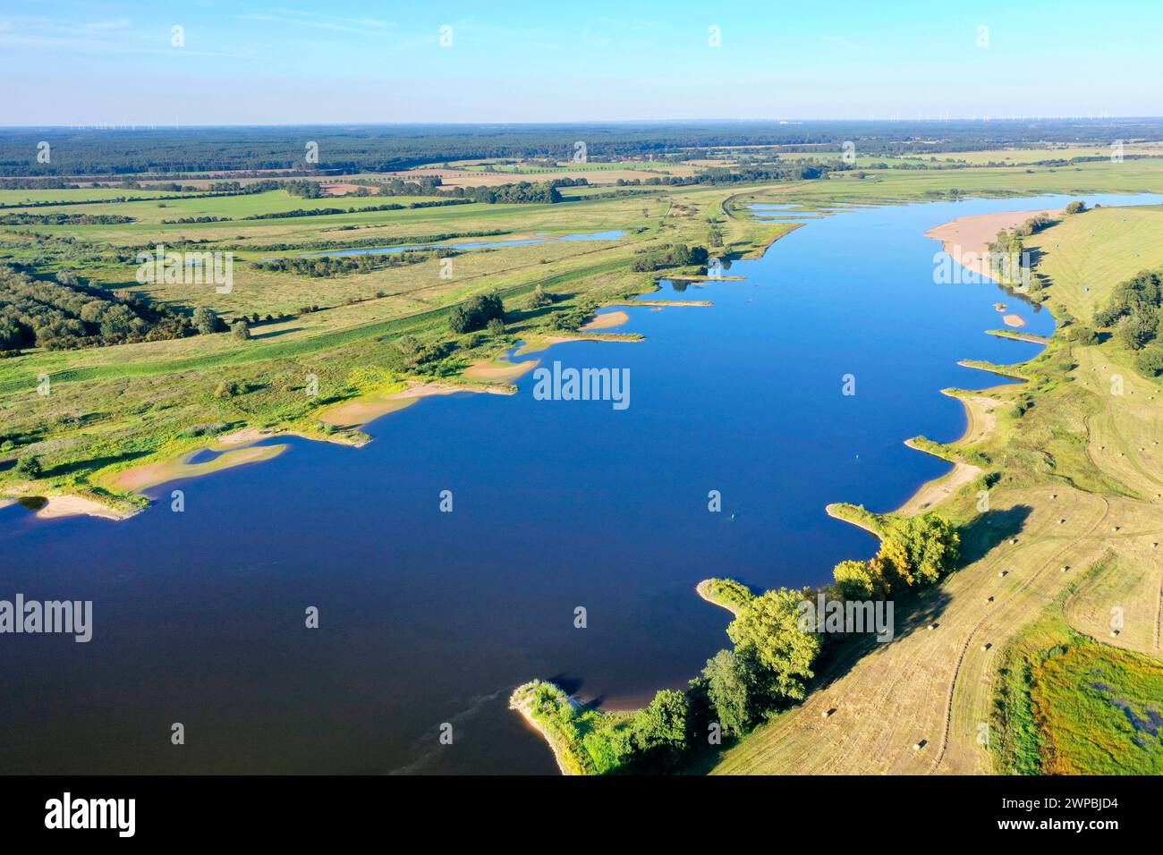Elbe river with groynes, aerial view, Germany, Lower Saxony, Wendland, Biosphaerenreservat Niedersaechsische Elbtalaue Stock Photo