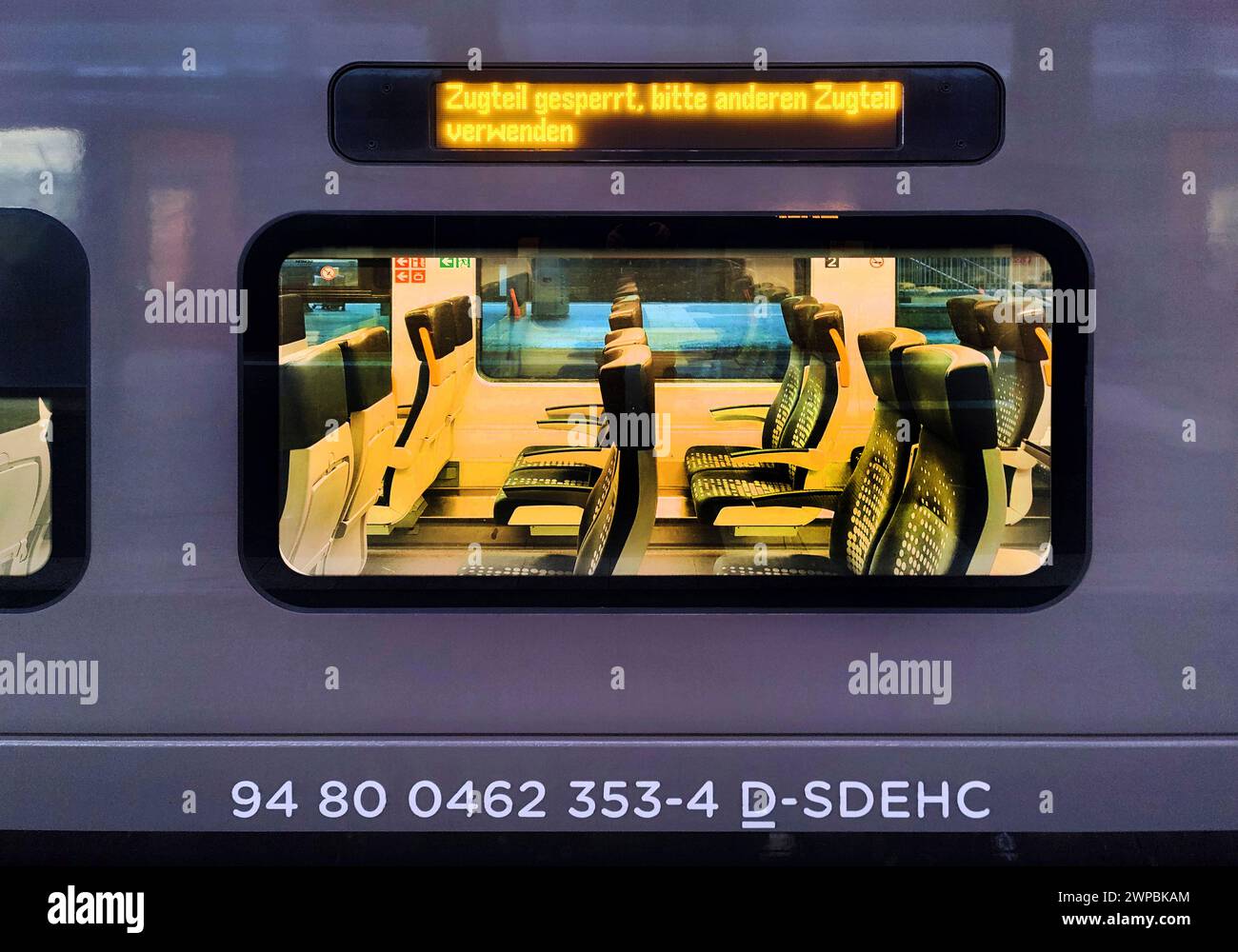 Train section blocked, illuminated sign on a local train at the main station in the evening, Germany, North Rhine-Westphalia, Lower Rhine, Dusseldorf Stock Photo