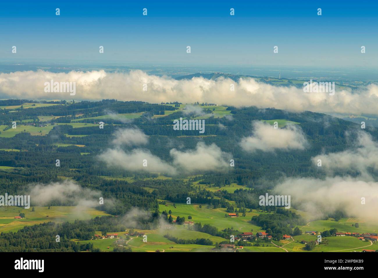 view from Bad Kohlgruber Hoernle over the clouds towards Hoher Peissenberg, Germany, Bavaria, Alpenvorland bei Bad Kohlgrub Stock Photo