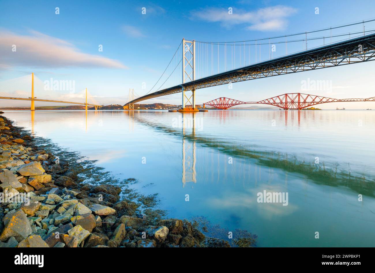 Queensferry Crossing, the Forth Road Bridge and the red Forth Bridge