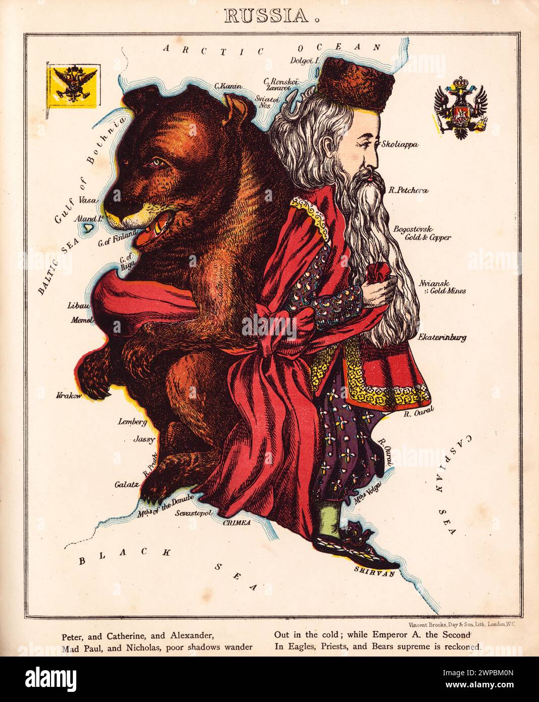 Vintage Pictorial map depicting Russia as a bear and Tsar Alexander II. Includes illustrations of a flag and coat of arm.  In Lancaster and Harvey's Geographical fun. London : Hodder and Stoughton, [1868 or 1869]. Stock Photo