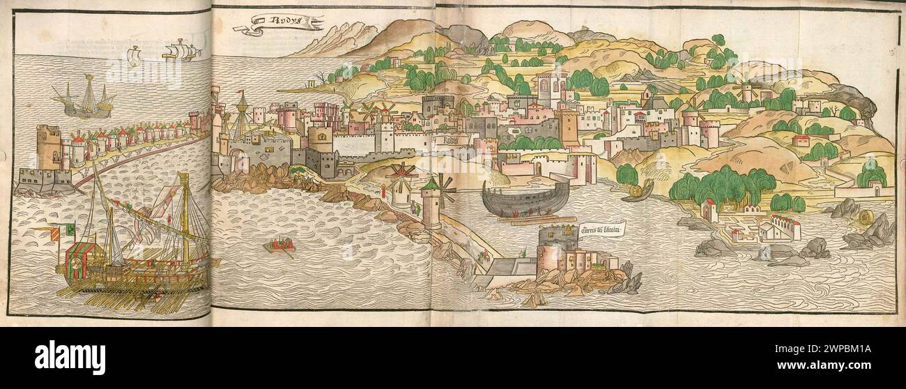 A beautiful woodcut four page fold-out map of Rhodes from 1486. This illustration comes from the Peregrinationes in Terram Sanctam (Journey to the Holy Land) by Bernhard von Breydenbach, which is a description of the author Stock Photo