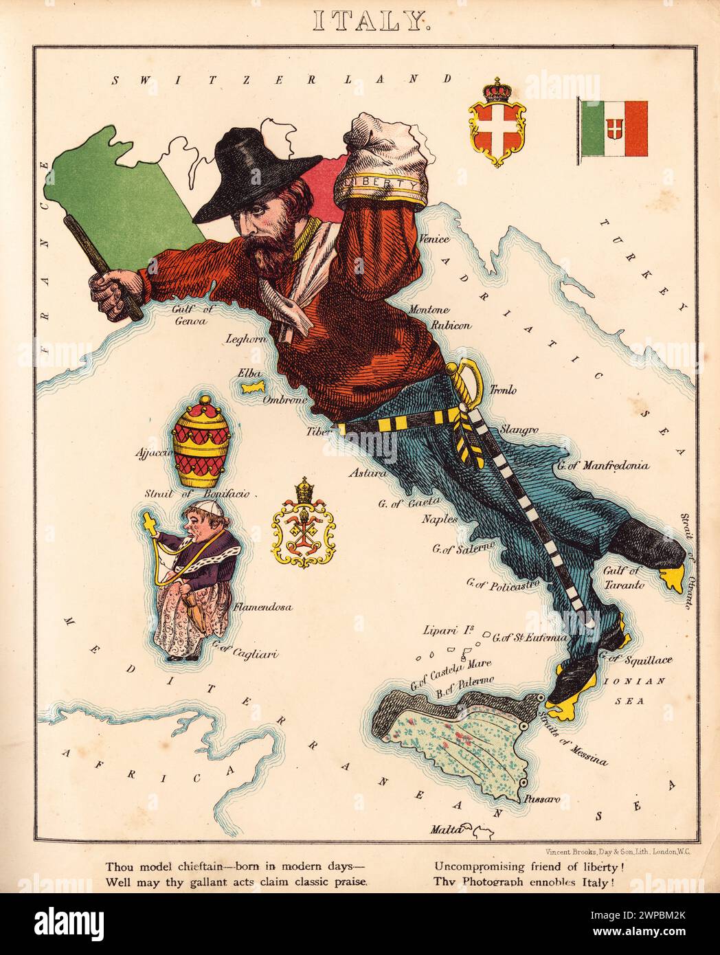 Vintage Pictorial map depicting Italy as a bear and Tsar Alexander II. Includes illustrations of a flag and coat of arm.  In Lancaster and Harvey's Geographical fun. London : Hodder and Stoughton, [1868 or 1869]. Stock Photo