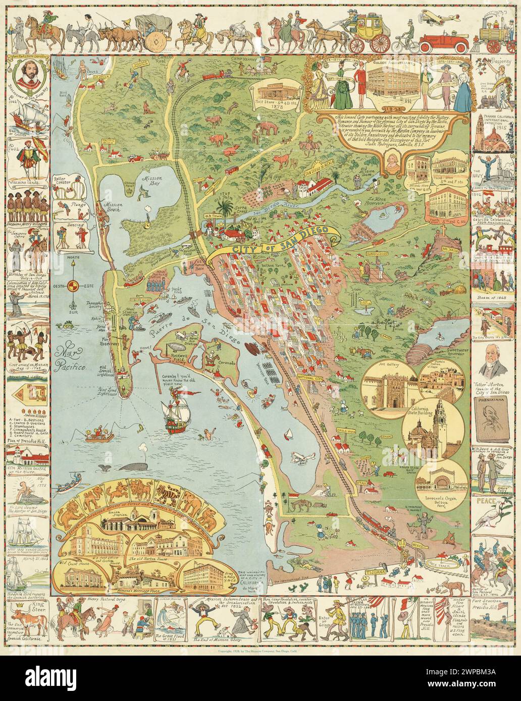 Vintage Pictorial Map of San Diego : 'A Whimsical map and History of a City in California' by J Mora.  1928 Stock Photo
