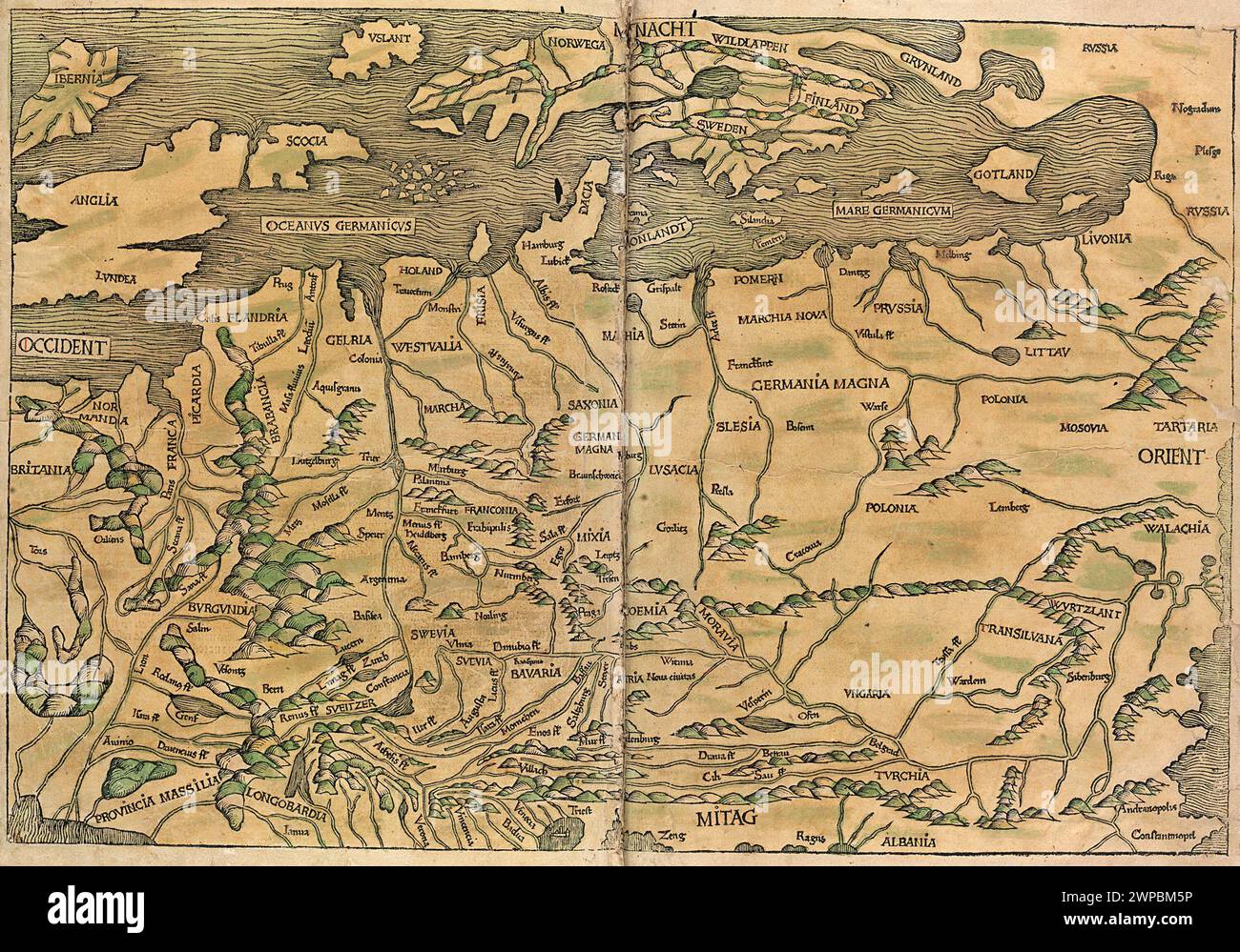 A beautiful woodcut from 1493 of a map of northern Europe. This illustration comes from the Nuremberg Chronicle, which is an enyclodpedia of world events, mythology and christian history. This extra-ordinary work was one of the earliest books ever printed and the first to successfully integrate text and images. Stock Photo