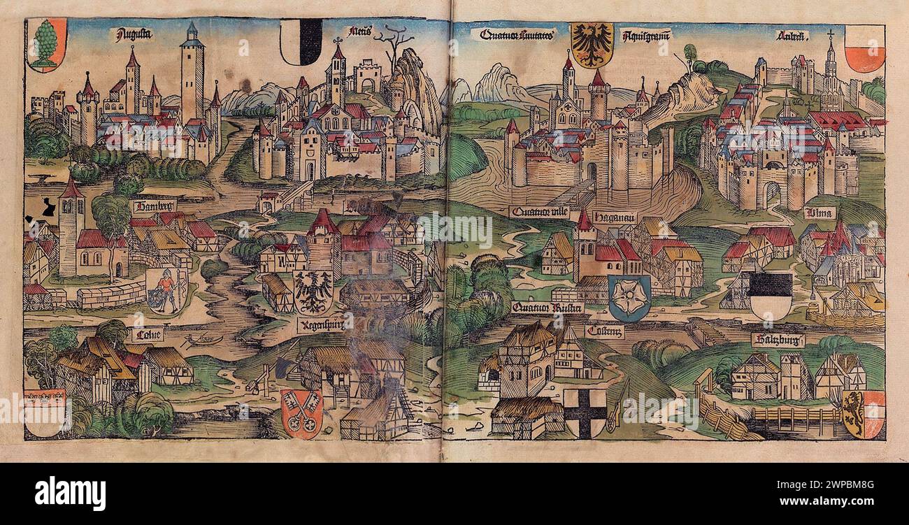 A beautiful woodcut from 1493 of the towns of the Holy Roman Empire, including Bamberg, Koblenz, Ulm and Salzberg. This illustration comes from the Nuremberg Chronicle, which is an enyclodpedia of world events, mythology and christian history. This extra-ordinary work was one of the earliest books ever printed and the first to successfully integrate text and images. Stock Photo