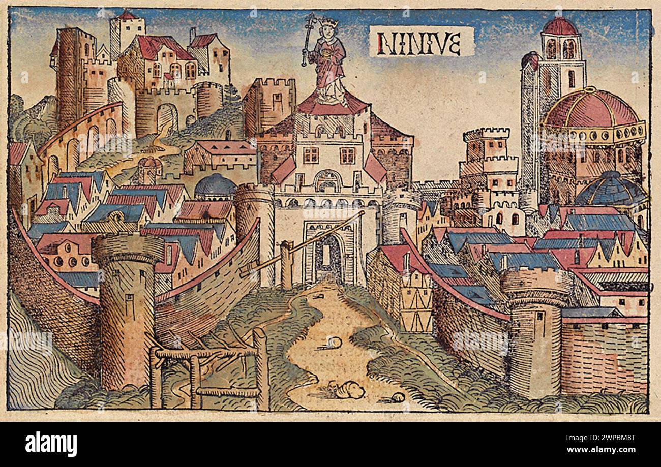 A beautiful woodcut from 1493 of the town of Assyrian Nineveh (now in modern Iraq). This illustration comes from the Nuremberg Chronicle, which is an enyclodpedia of world events, mythology and christian history. This extra-ordinary work was one of the earliest books ever printed and the first to successfully integrate text and images. Stock Photo