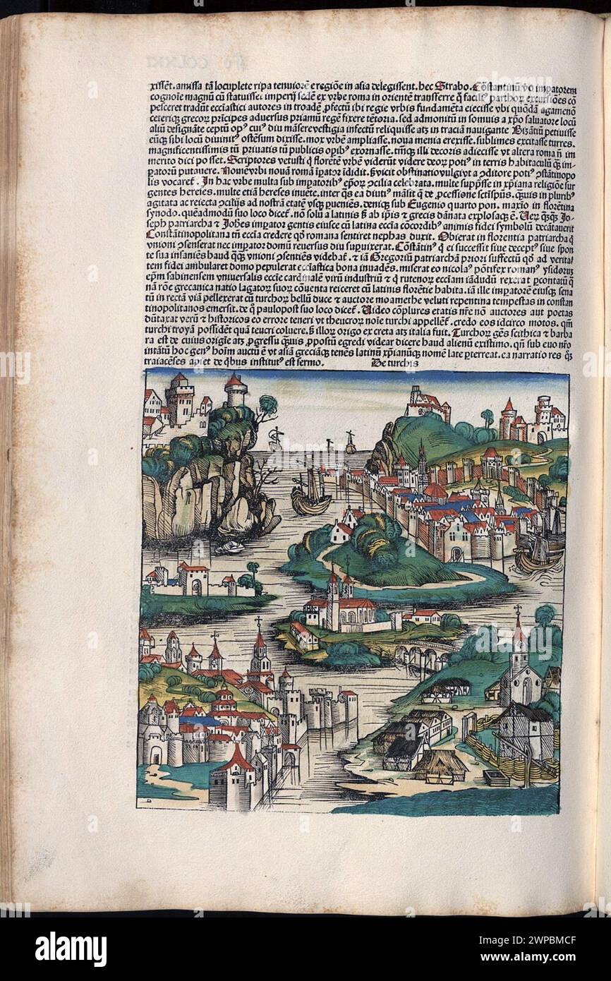 Beautiful woodcut pages from the 1493  Nuremberg Chronicle, which is an enyclodpedia of world events, mythology and christian history. This extra-ordinary work was one of the earliest books ever printed and the first to successfully integrate text and images. These pages show latin text and an engraving representing the country of Turkey. Stock Photo