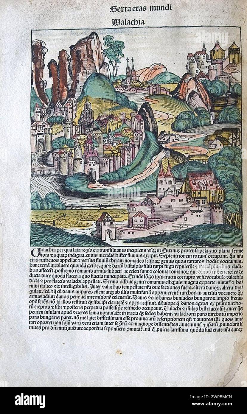 Beautiful woodcut pages from the 1493  Nuremberg Chronicle, which is an enyclodpedia of world events, mythology and christian history. This extra-ordinary work was one of the earliest books ever printed and the first to successfully integrate text and images. These pages show latin text and an engraving of the region of Walachia (now Wallachia) in Romania Stock Photo