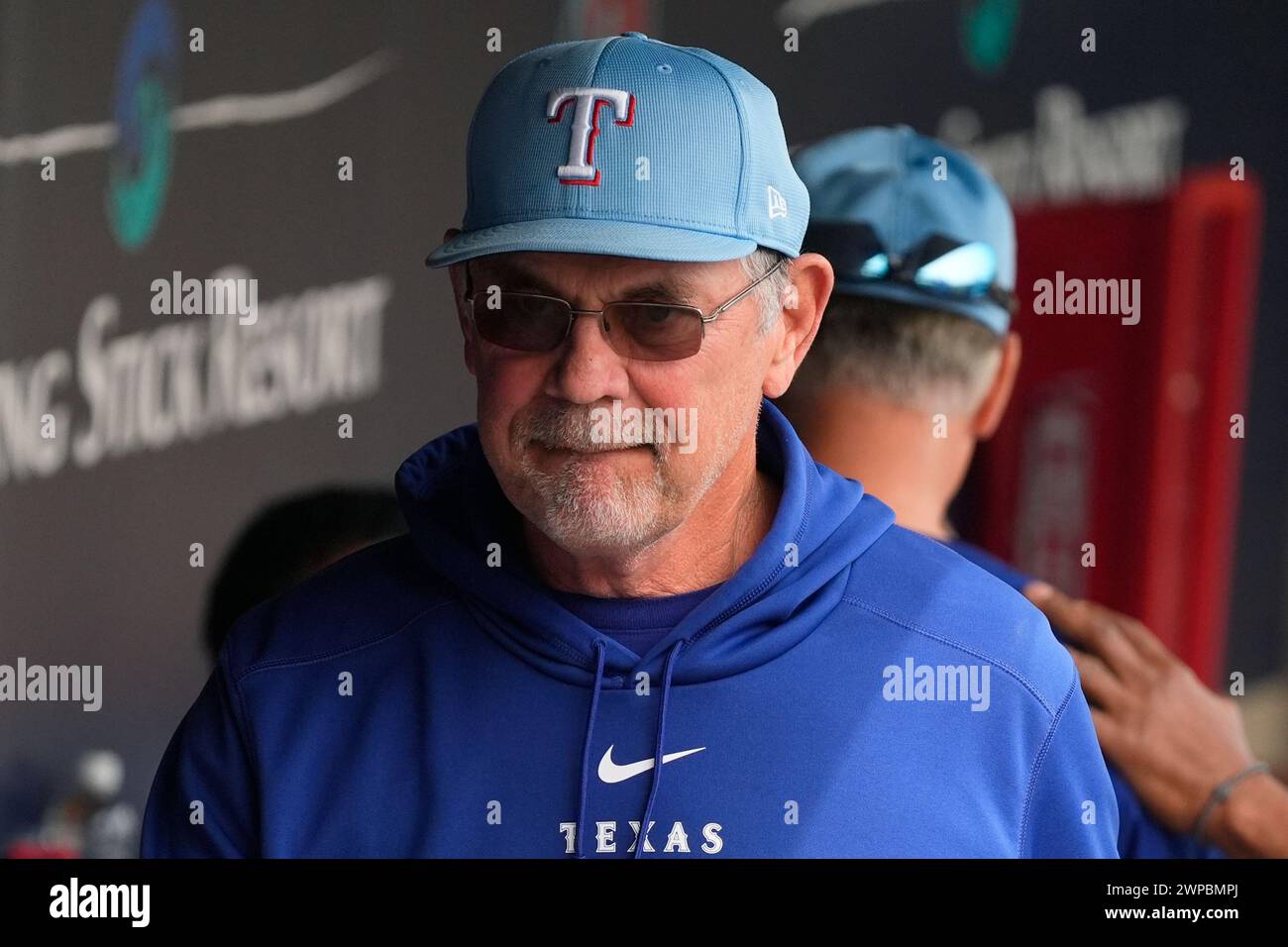 Texas Rangers manager Bruce Bochy walks through the dugout prior to a ...